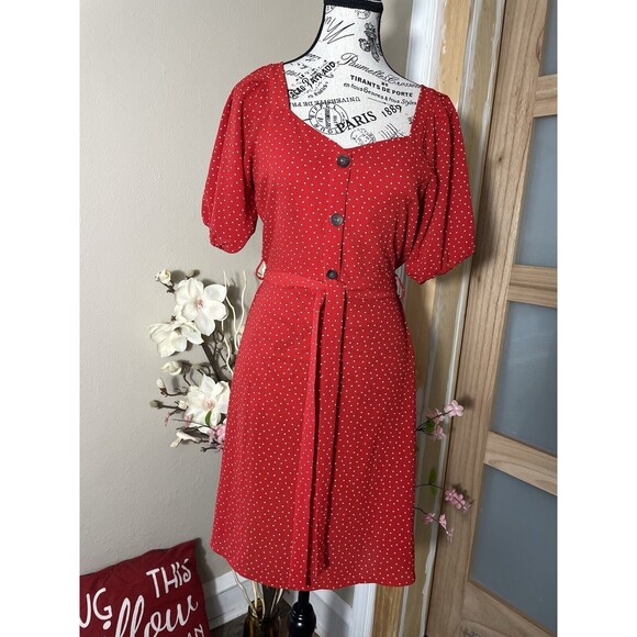 MONTEAU Red Polka Dot Puff Sleeve Mini Dress X-SMALL Swweetheart - Picture 1 of 9